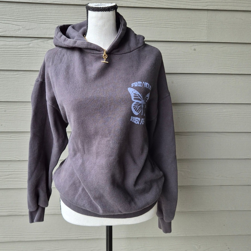 Pull & Bear Butterfly Hoodie Womens XS Fairy Grunge Lounge Whimsigoth Acid Wash